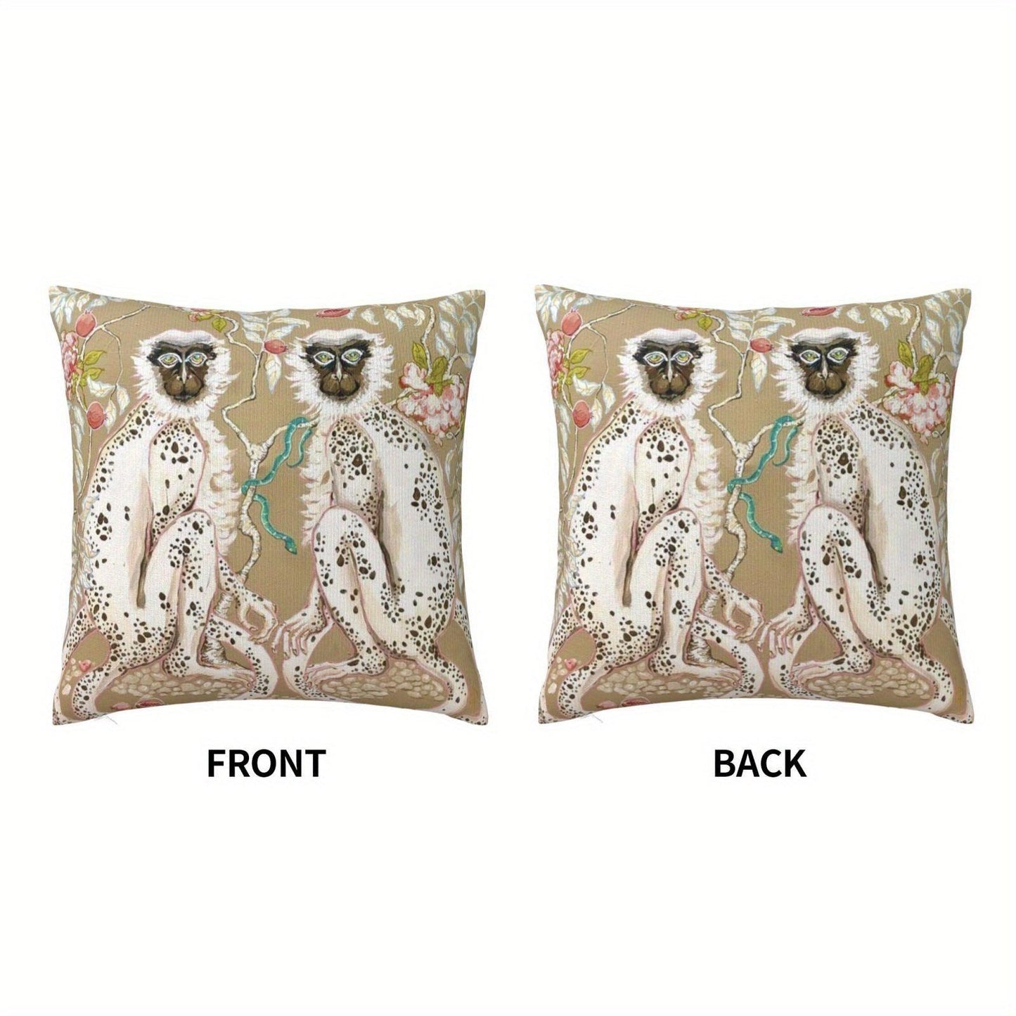 Monkeys Chinoiserie on Beige with Short Plush Double Sided pattern 18 x 18" - Moda-Airneis