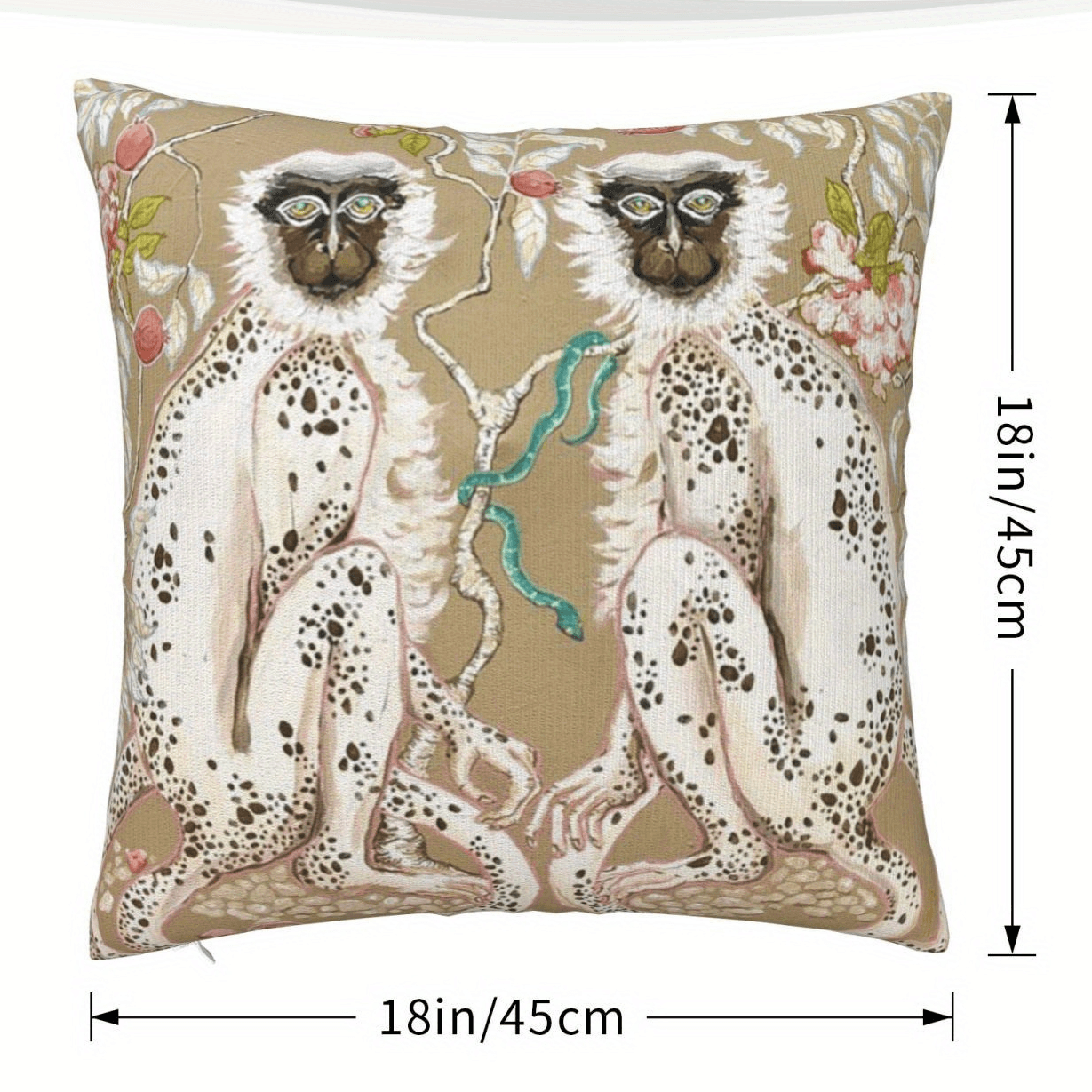Monkeys Chinoiserie on Beige with Short Plush Double Sided pattern 18 x 18" - Moda-Airneis