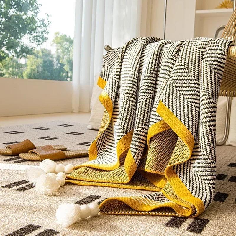 Blanket Diagonal Stripe Knitted Throw Tassel corners 130cm x 150cm 51.2" x 59" - Moda-Airneis