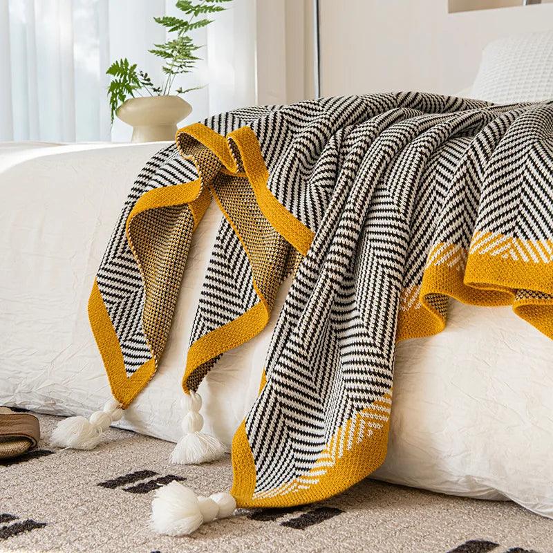Blanket Diagonal Stripe Knitted Throw Tassel corners 130cm x 150cm 51.2" x 59" - Moda-Airneis