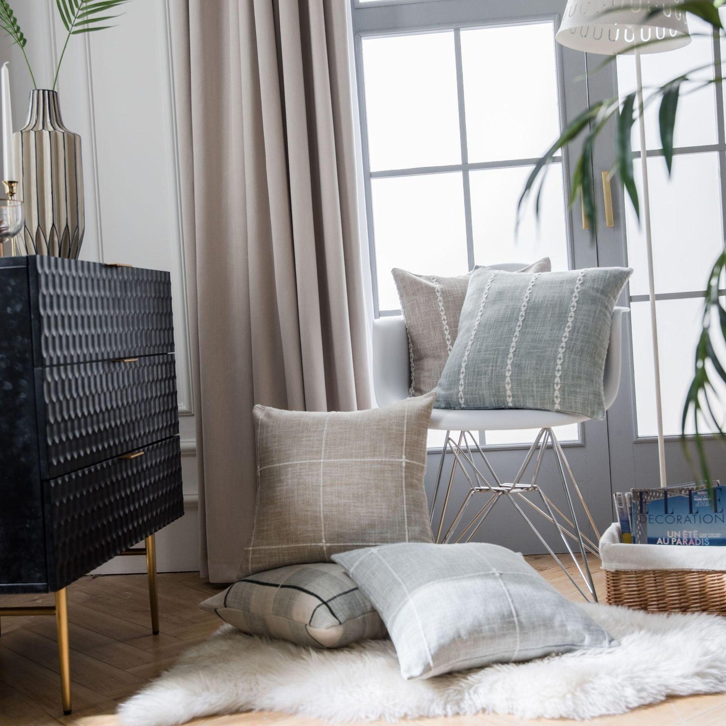 Simple Plaid Cushion Cover Brown Grey Embroidery Stripe 45x45cm 60x60cm Cotton Linen Pillow Cover Home Decoration Living Room - Moda-Airneis