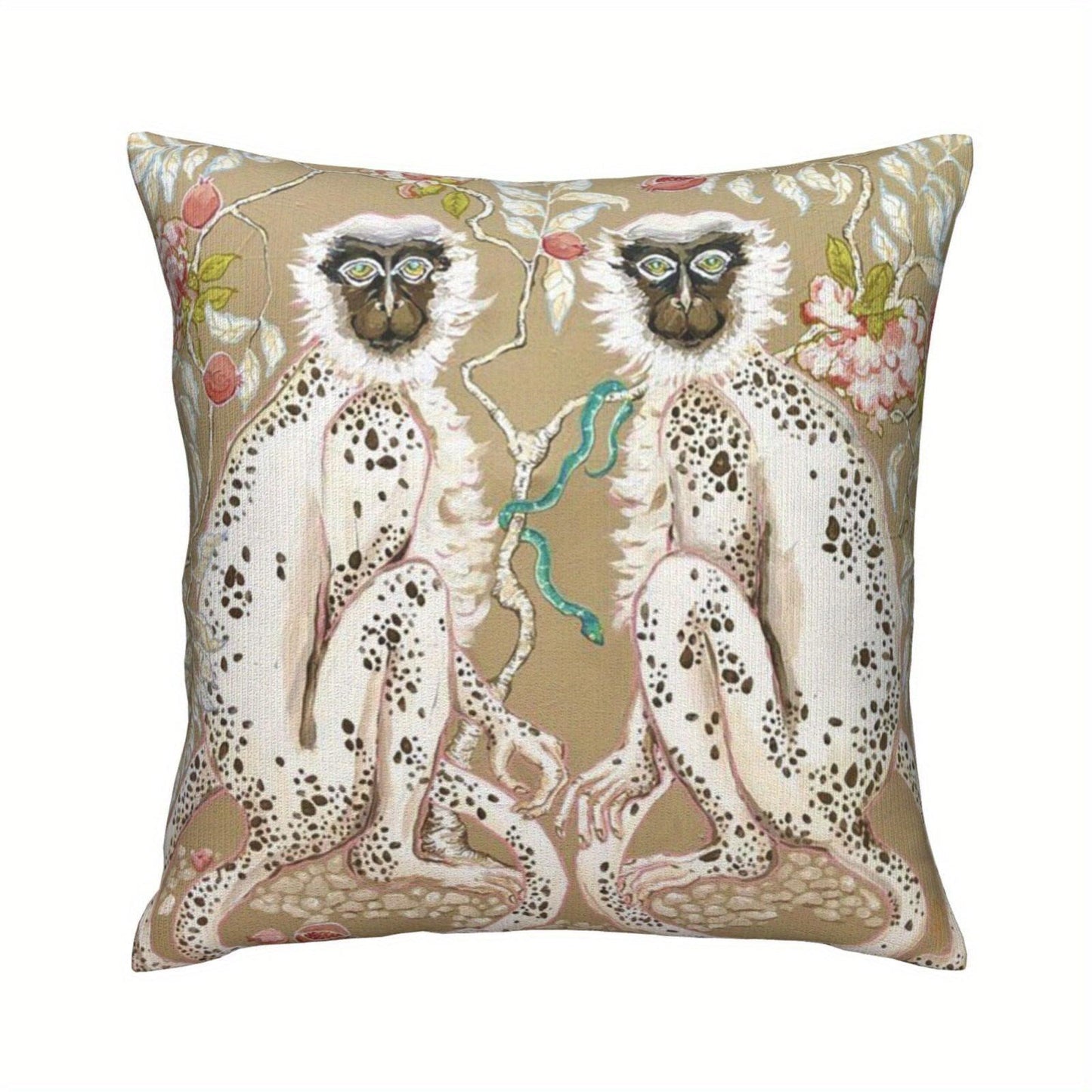 Monkeys Chinoiserie on Beige with Short Plush Double Sided pattern 18 x 18" - Moda-Airneis