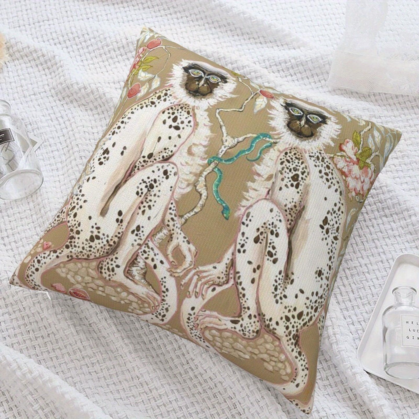 Monkeys Chinoiserie on Beige with Short Plush Double Sided pattern 18 x 18" - Moda-Airneis