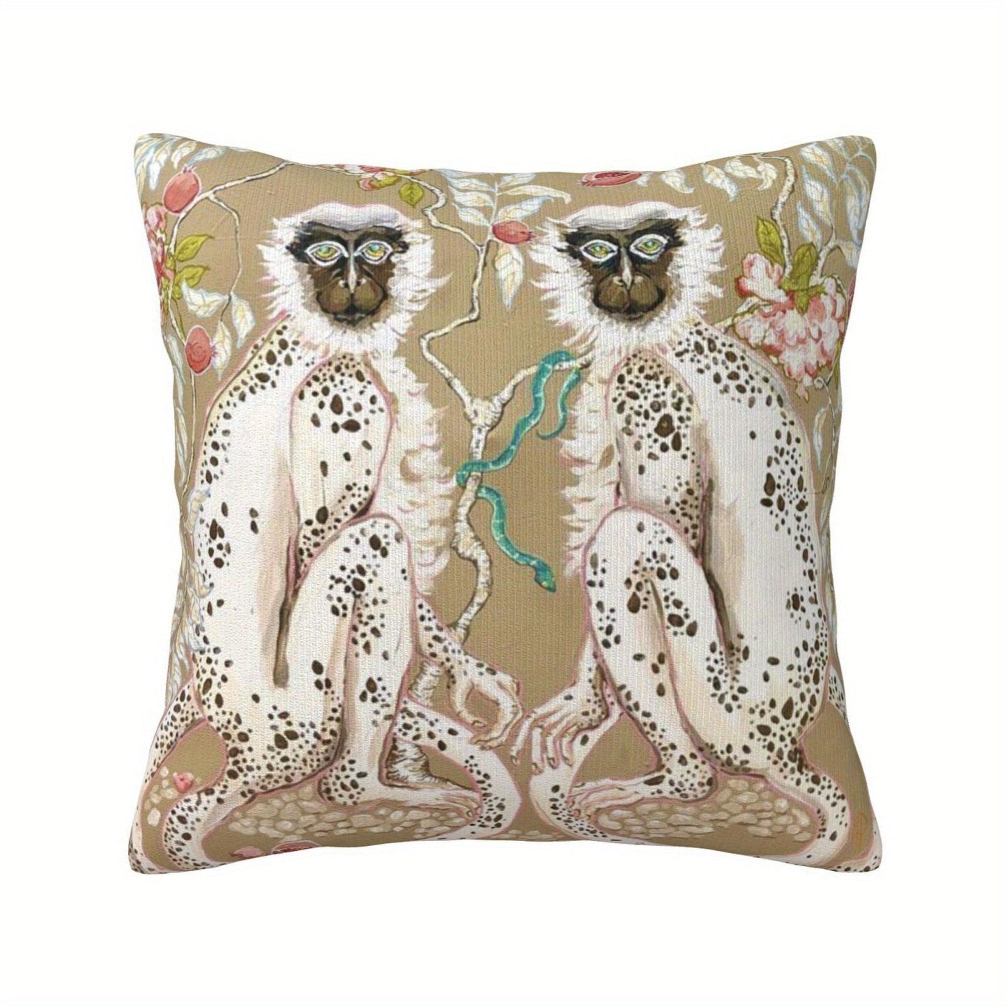 Monkeys Chinoiserie on Beige with Short Plush Double Sided pattern 18 x 18" - Moda-Airneis