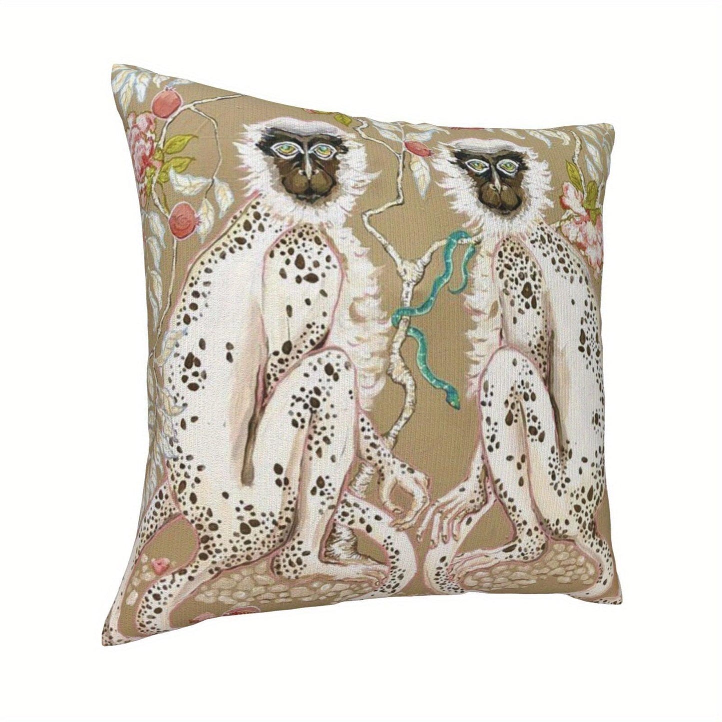 Monkeys Chinoiserie on Beige with Short Plush Double Sided pattern 18 x 18" - Moda-Airneis