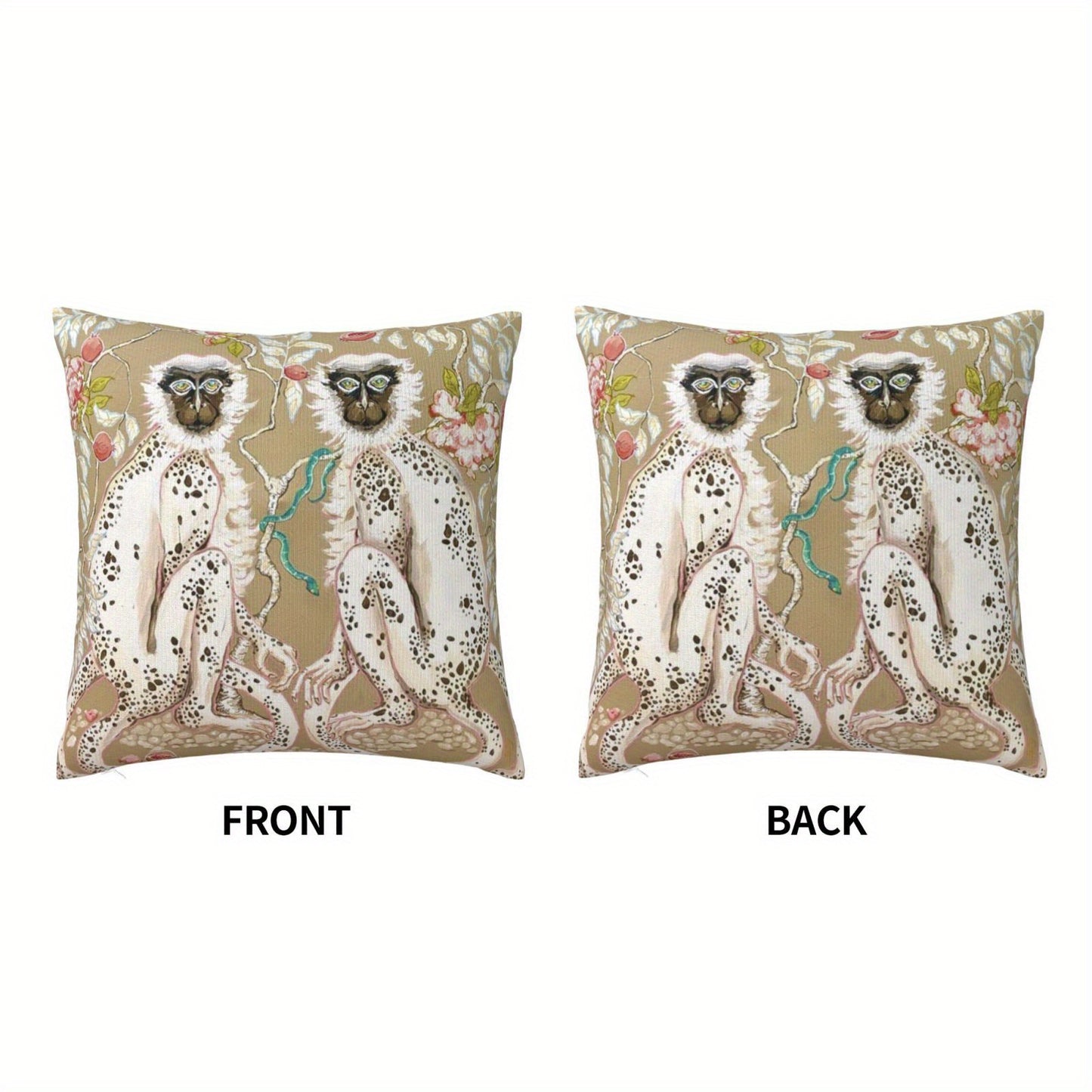 Monkeys Chinoiserie on Beige with Short Plush Double Sided pattern 18 x 18"