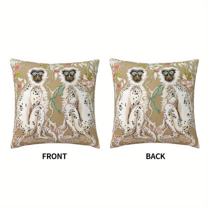 Monkeys Chinoiserie on Beige with Short Plush Double Sided pattern 18 x 18" - Moda-Airneis