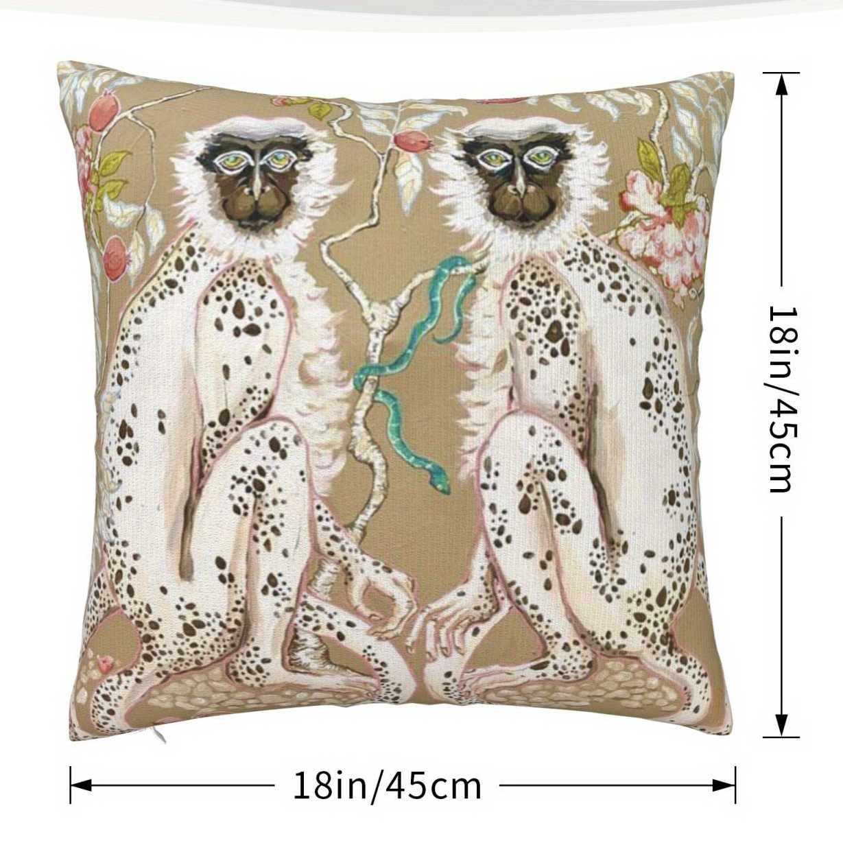 Monkeys Chinoiserie on Beige with Short Plush Double Sided pattern 18 x 18"