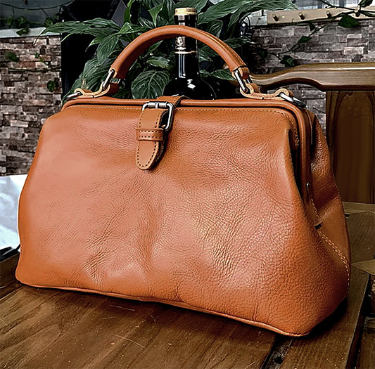 Genuine 100% Top Grain Leather Vintage Doctor Style Handbag  with crossbody or shoulder strap.