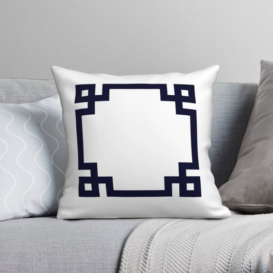 Navy Blue Greek Key Square On White Cushion Case  Pillowcase  Linen Velvet