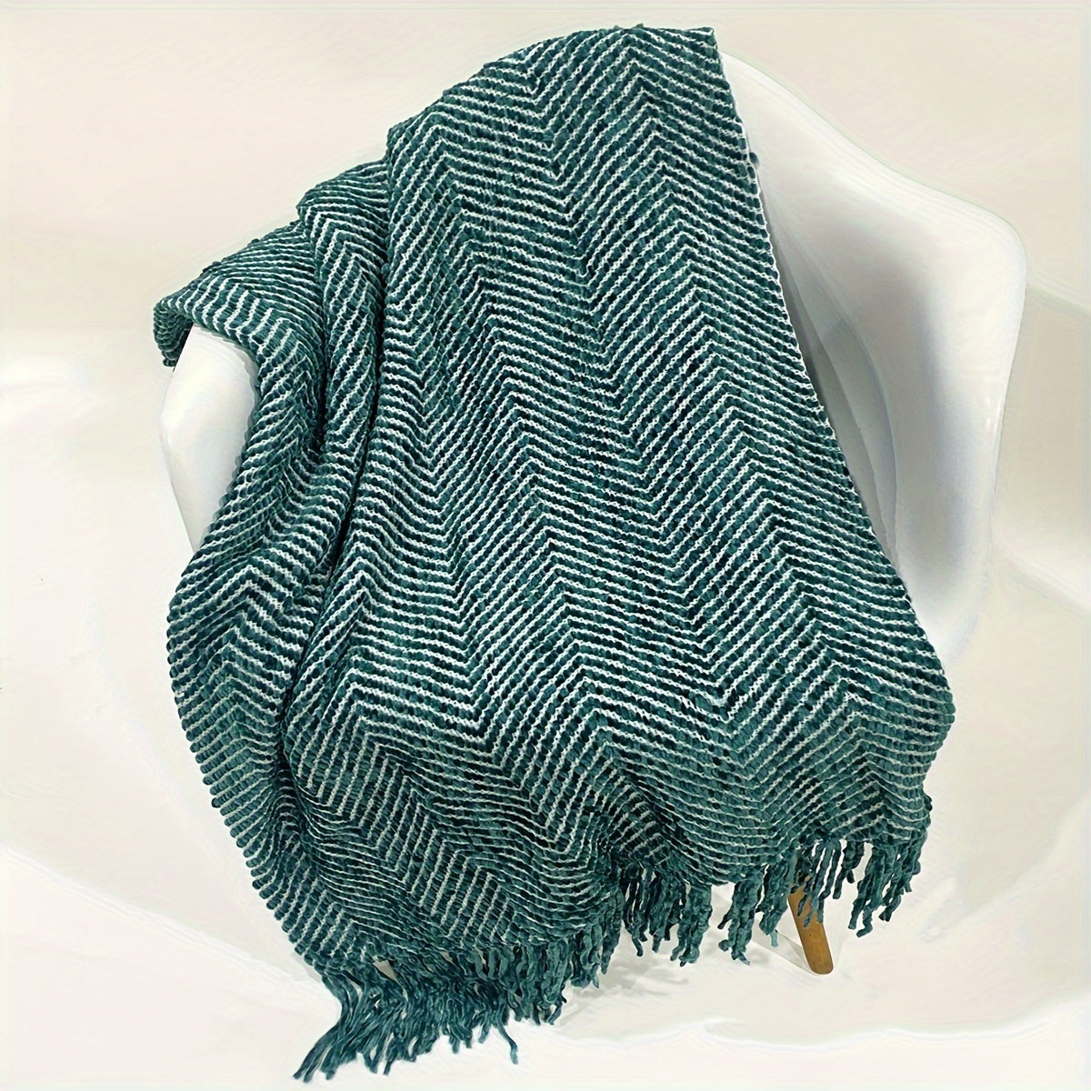 Cozy Striped jacquard knit Throw Blanket with Tassel fringe edge.  Burgundy , green stripe tones.   51 x 71"  130 x 180cm