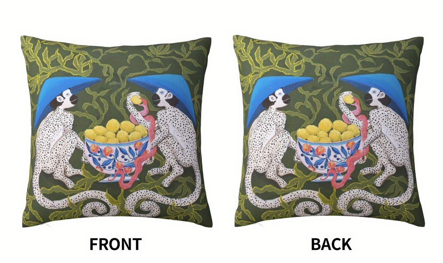 Plush Decorative Pillow Cover, Double-Sided Monkey & Peach Print, Woven Cushion Case  18x18" 45 x 45 cm