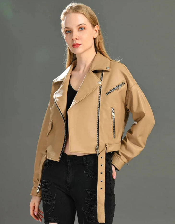 Brando woman's genuine sheepskin leather short style biker jacket.