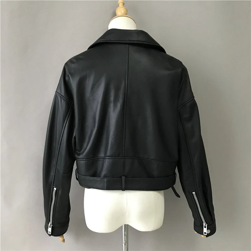 Brando woman's genuine sheepskin leather short style biker jacket.