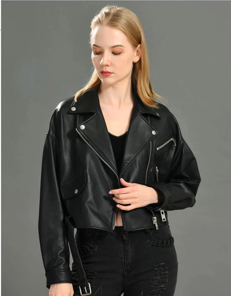 Brando woman's genuine sheepskin leather short style biker jacket.