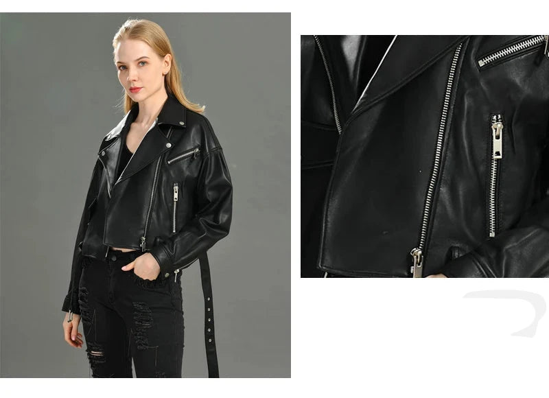 Brando woman's genuine sheepskin leather short style biker jacket.