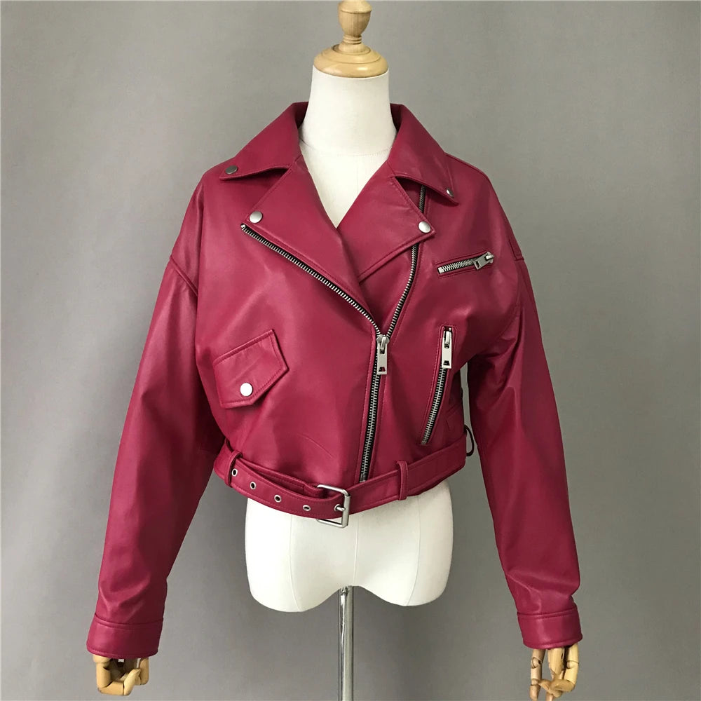 Brando woman's genuine sheepskin leather short style biker jacket.