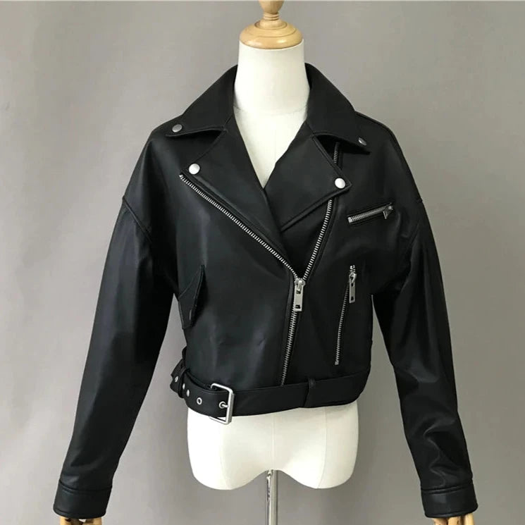 Brando woman's genuine sheepskin leather short style biker jacket.