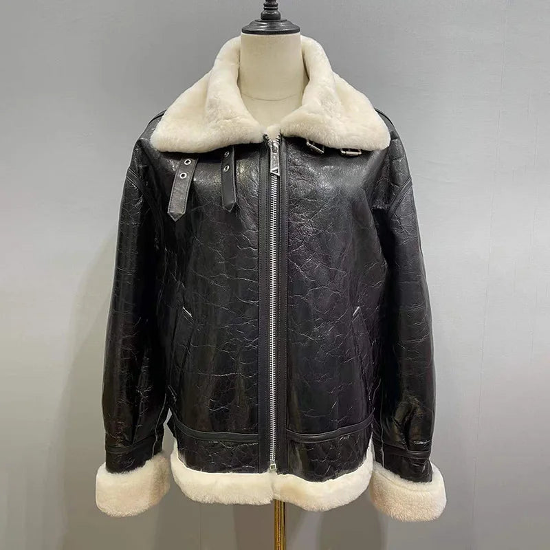 Women's Sheepskin Shearling Leather Flying Jacket