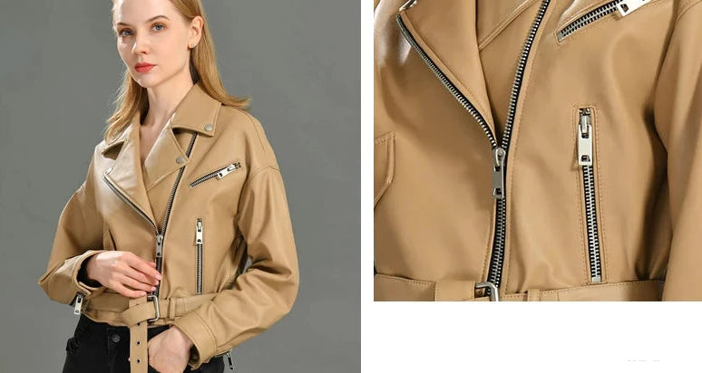 Brando woman's genuine sheepskin leather short style biker jacket.