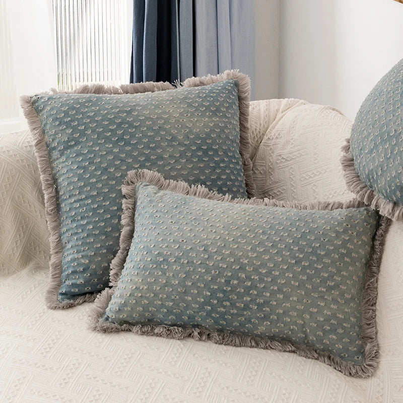 Fringed Cushion cover vintage cotton denim 45x45cm 30cm x 50cm  circle