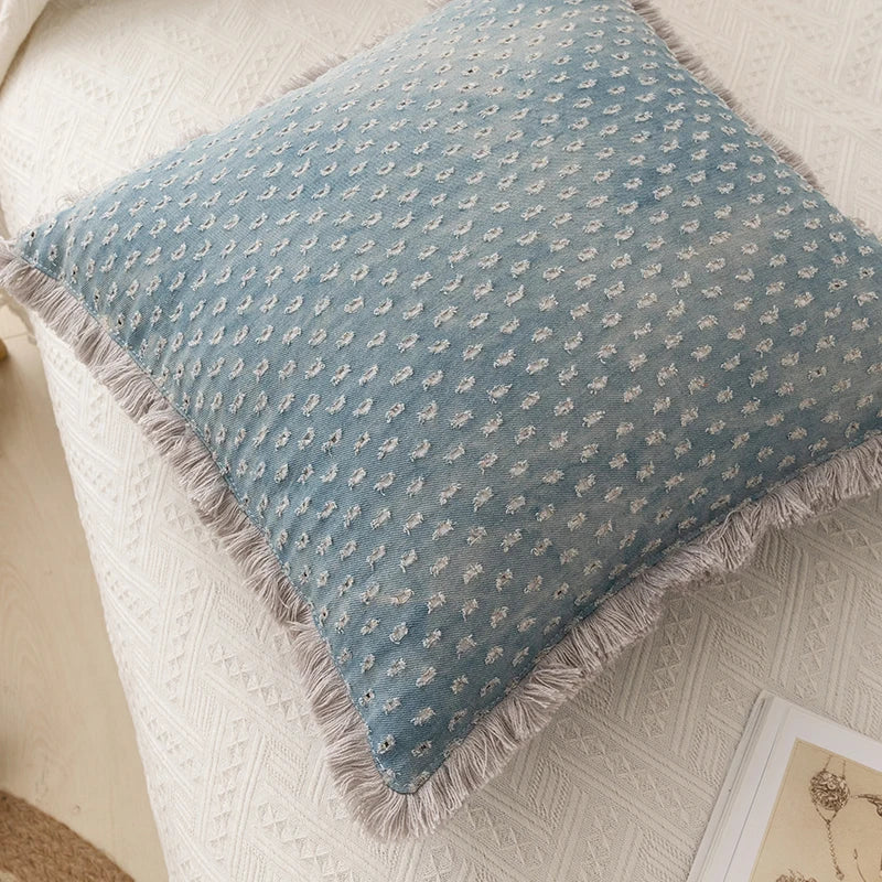 Fringed Cushion cover vintage cotton denim 45x45cm 30cm x 50cm  circle