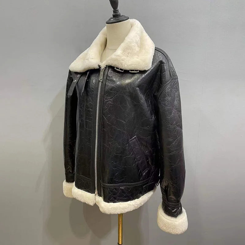 Women's Sheepskin Shearling Leather Flying Jacket