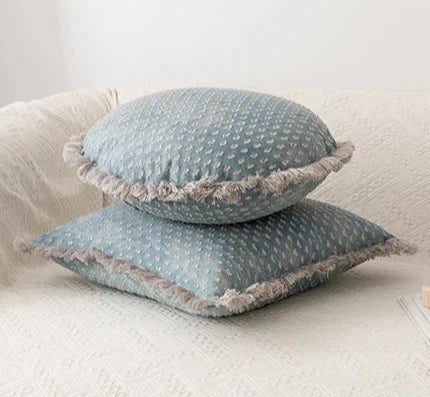 Fringed Cushion cover vintage cotton denim 45x45cm 30cm x 50cm  circle