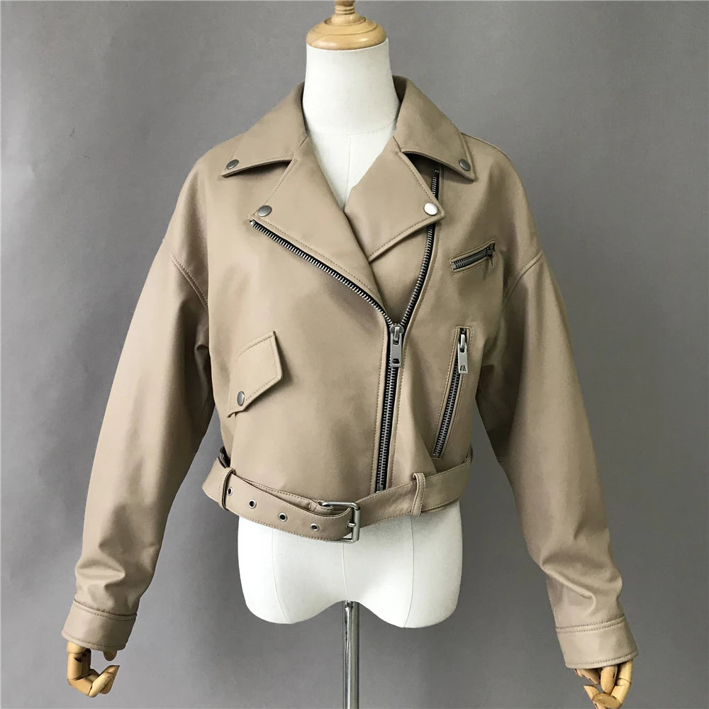 Brando woman's genuine sheepskin leather short style biker jacket.