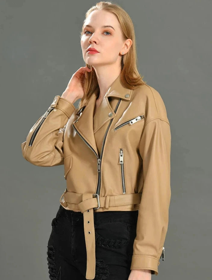 Brando woman's genuine sheepskin leather short style biker jacket.