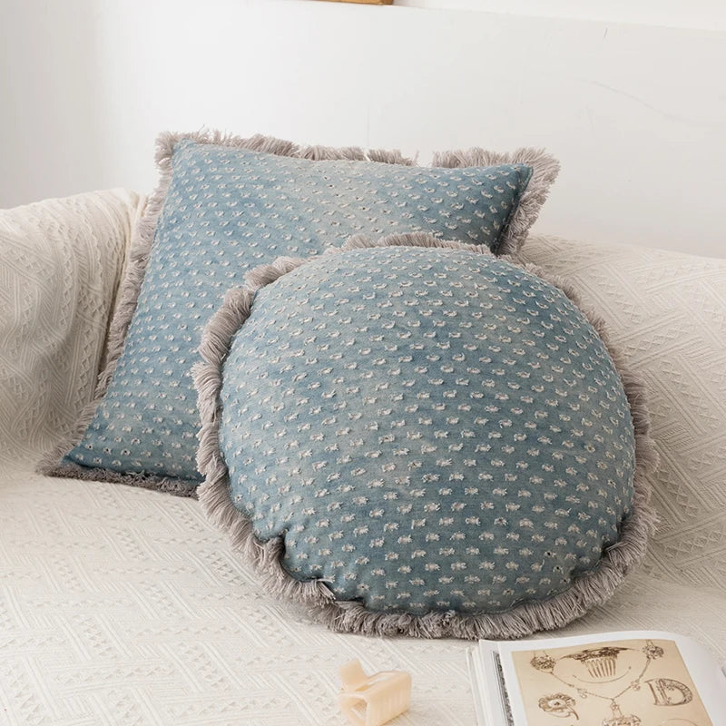 Fringed Cushion cover vintage cotton denim 45x45cm 30cm x 50cm  circle