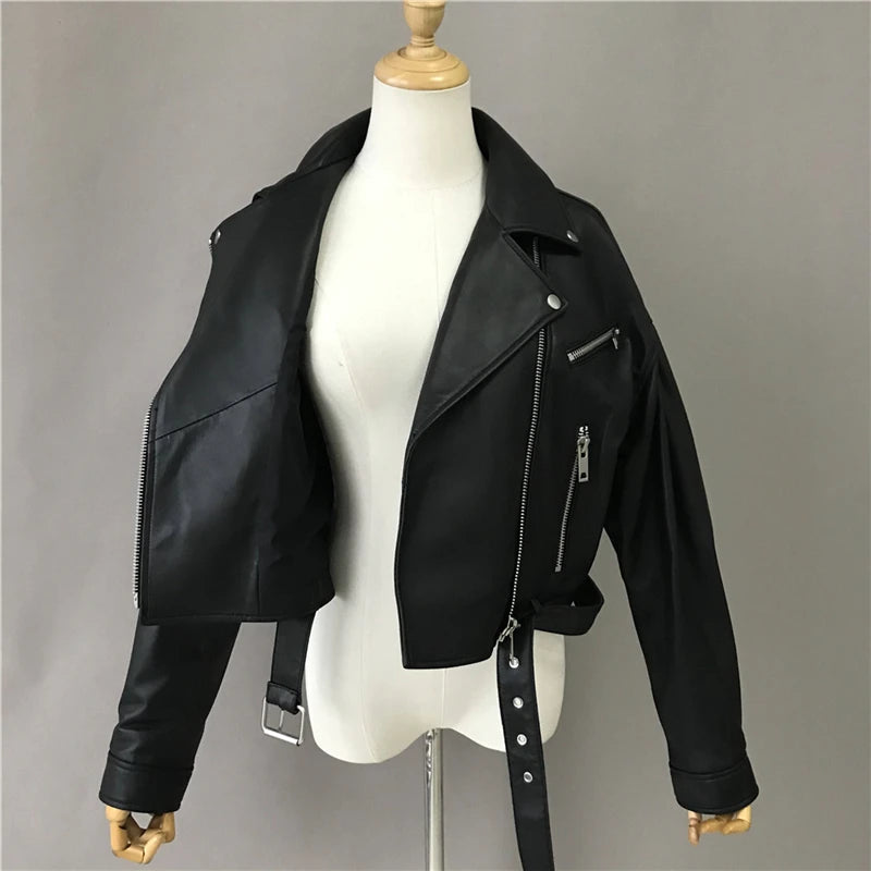 Brando woman's genuine sheepskin leather short style biker jacket.