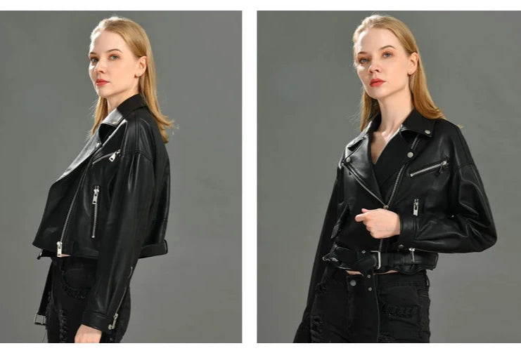 Brando woman's genuine sheepskin leather short style biker jacket.