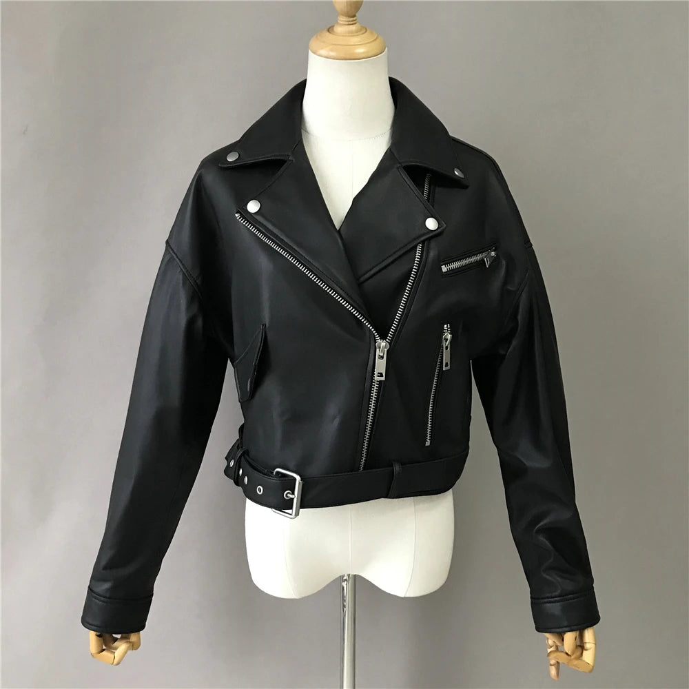 Brando woman's genuine sheepskin leather short style biker jacket.