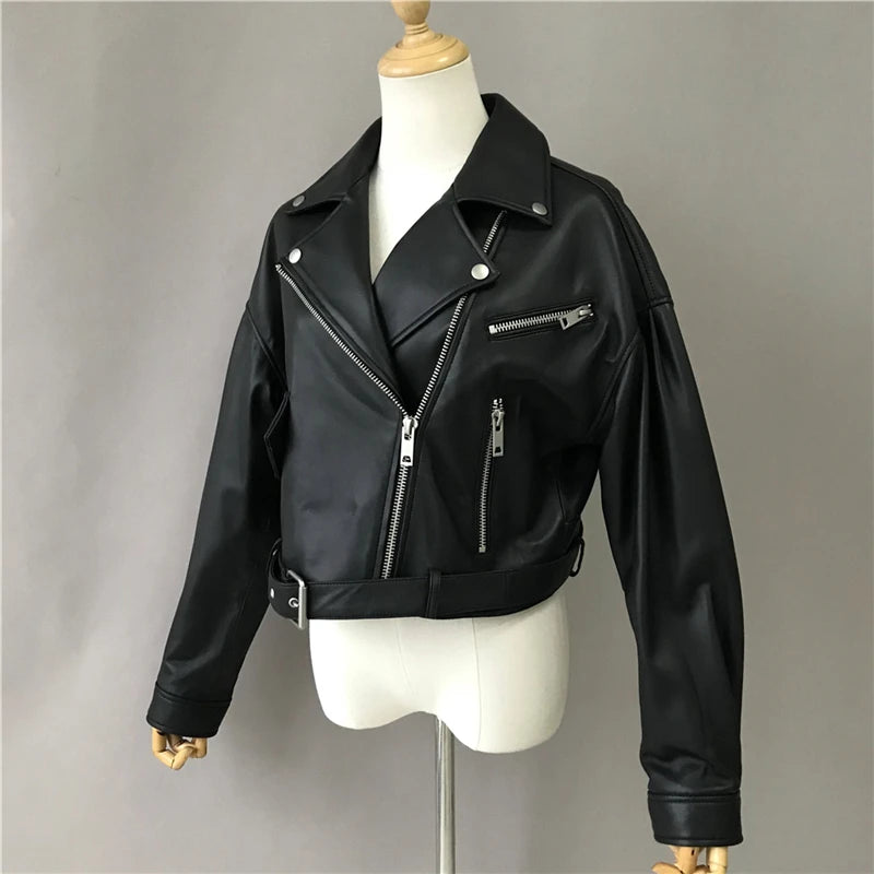 Brando woman's genuine sheepskin leather short style biker jacket.