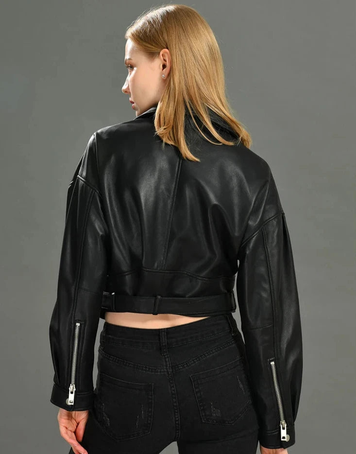 Brando woman's genuine sheepskin leather short style biker jacket.