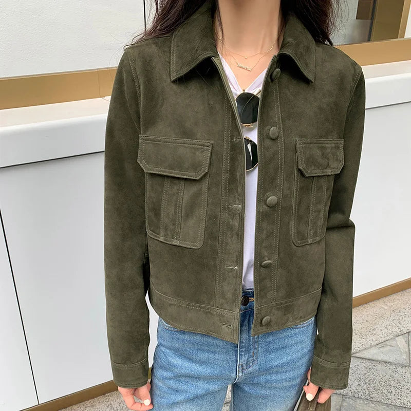 Lady Genuine Sheepskin Suede Leather Jacket 2023 Autumn Winter Leather Blazer Women's Suit TF5844