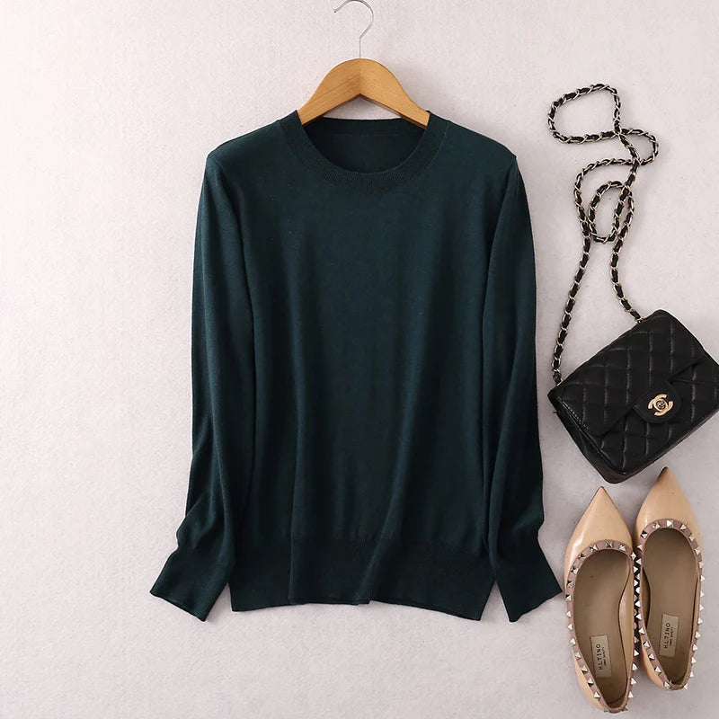 Women luxurious 85% Silk 15% Cashmere Round Neck Long Sleeve Pullover Sweater Top