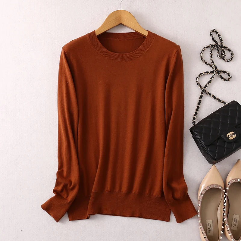 Women luxurious 85% Silk 15% Cashmere Round Neck Long Sleeve Pullover Sweater Top