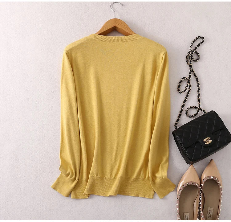 Women luxurious 85% Silk 15% Cashmere Round Neck Long Sleeve Pullover Sweater Top