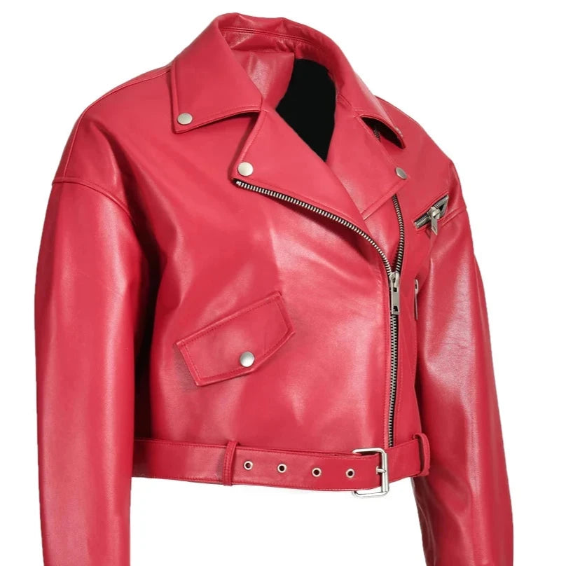 Brando woman's genuine sheepskin leather short style biker jacket.