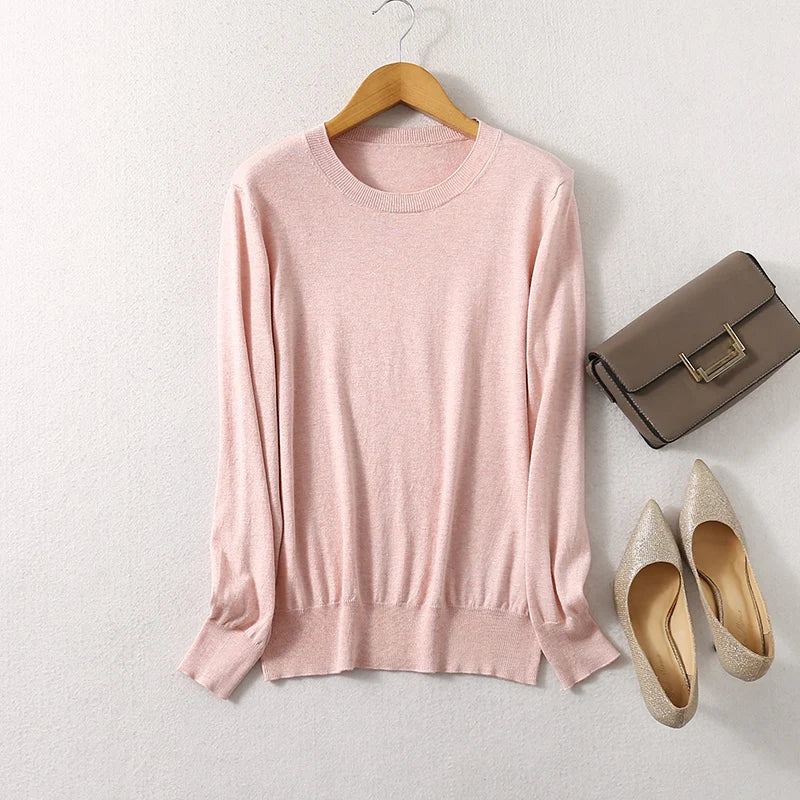 Women luxurious 85% Silk 15% Cashmere Round Neck Long Sleeve Pullover Sweater Top