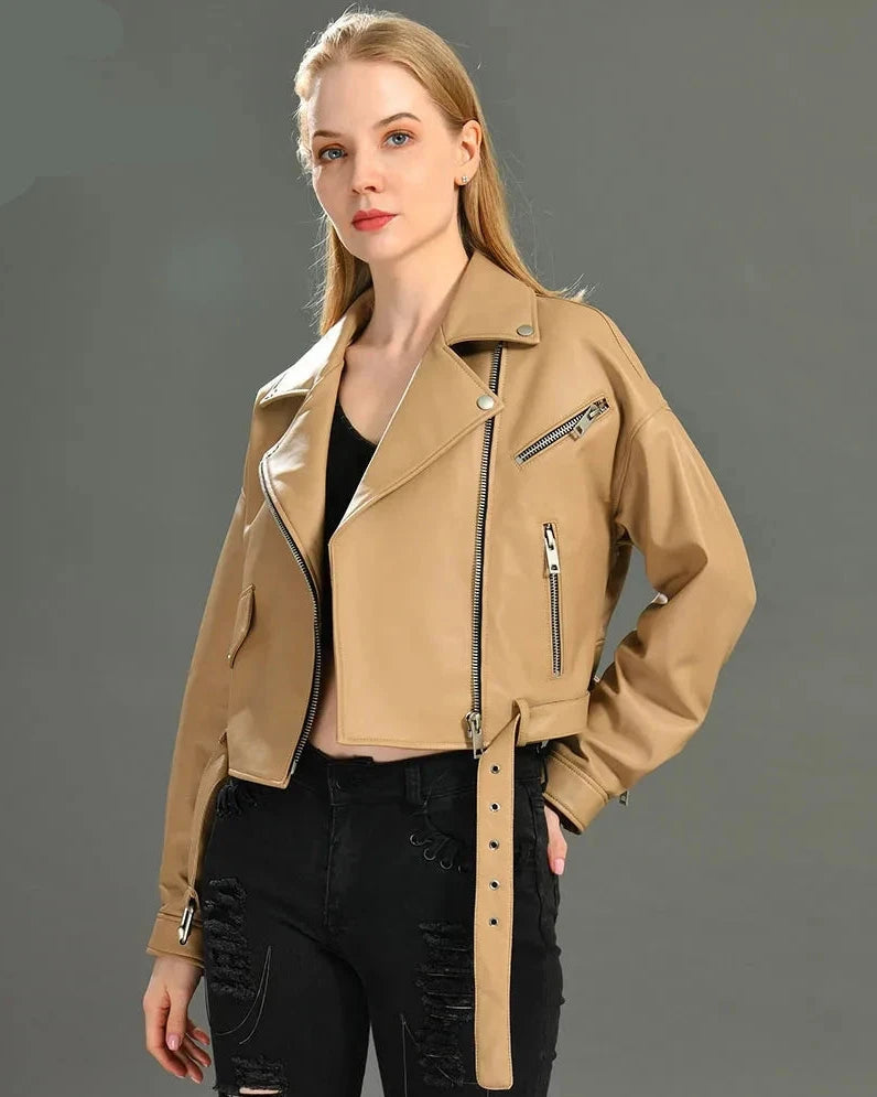 Brando woman's genuine sheepskin leather short style biker jacket.