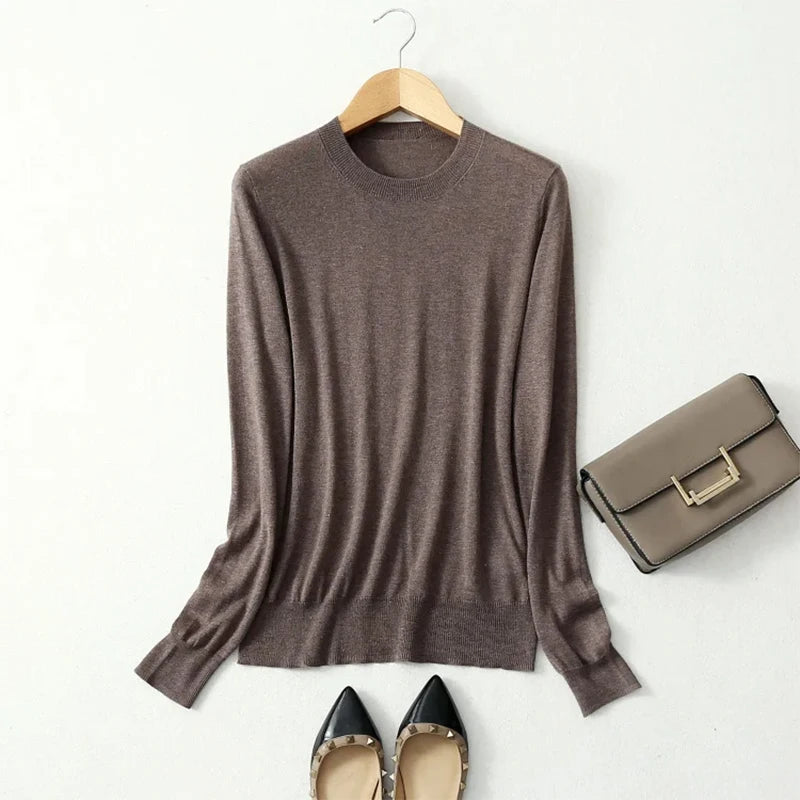 Women luxurious 85% Silk 15% Cashmere Round Neck Long Sleeve Pullover Sweater Top