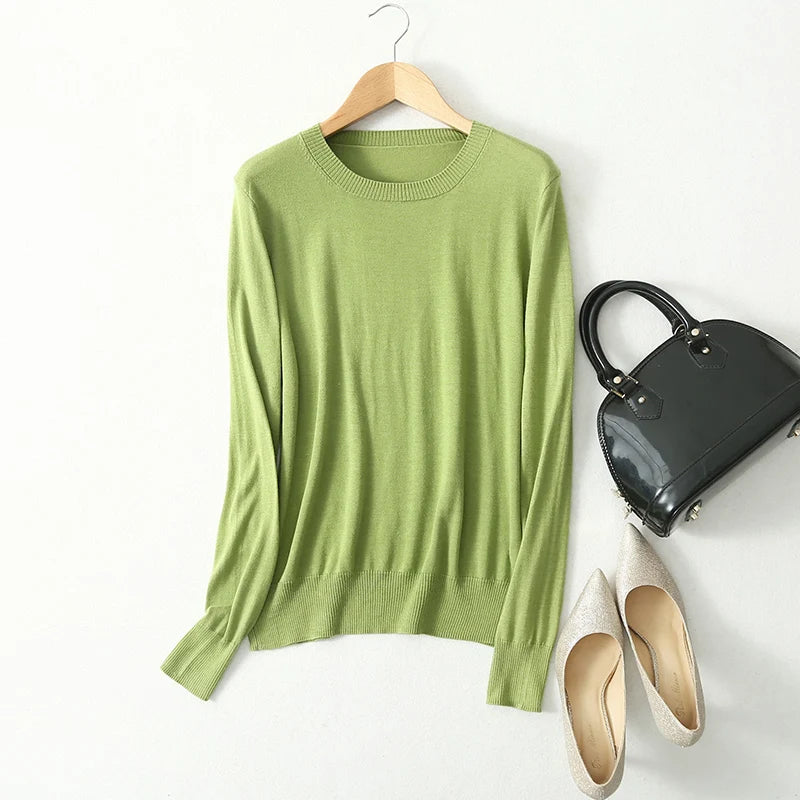 Women luxurious 85% Silk 15% Cashmere Round Neck Long Sleeve Pullover Sweater Top