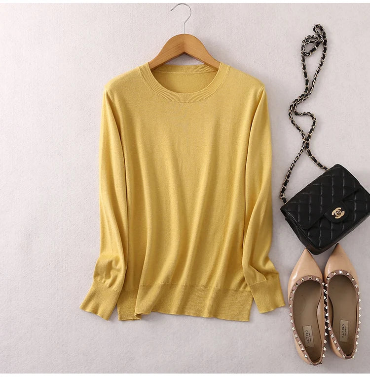 Women luxurious 85% Silk 15% Cashmere Round Neck Long Sleeve Pullover Sweater Top