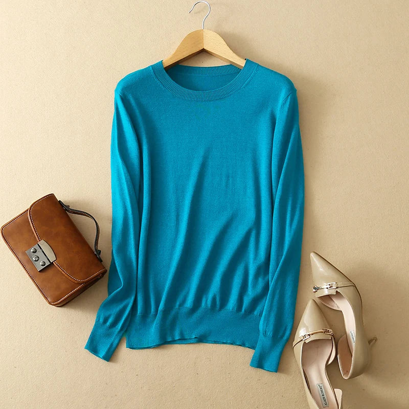 Women luxurious 85% Silk 15% Cashmere Round Neck Long Sleeve Pullover Sweater Top