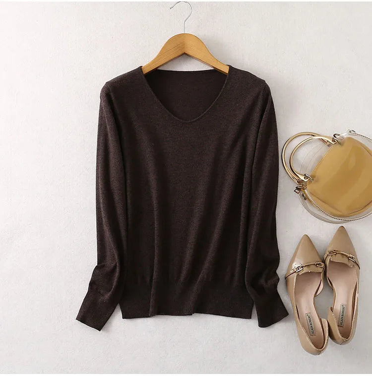 Women Luxurious 85% Silk 15% Cashmere V Neck Long Sleeve Pullover Sweater