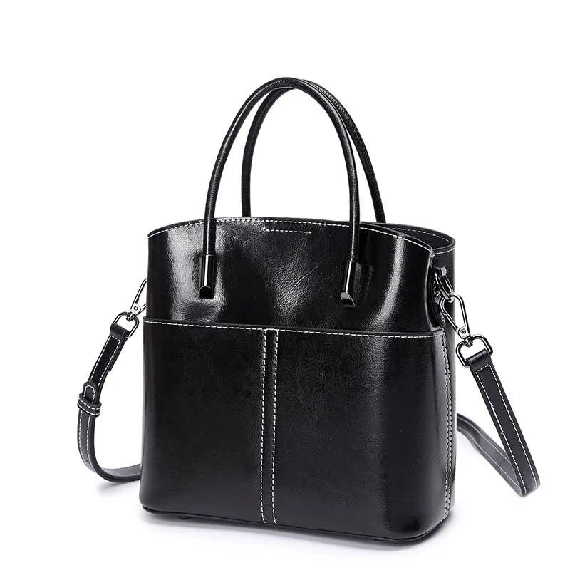 Cute Versatile Oil Wax Cowhide Bucket Bag Women's Shoulder / Crossbody Bag  220x230x110mm  (8 3/4" x 9" x 4 1/2') with front  pocket