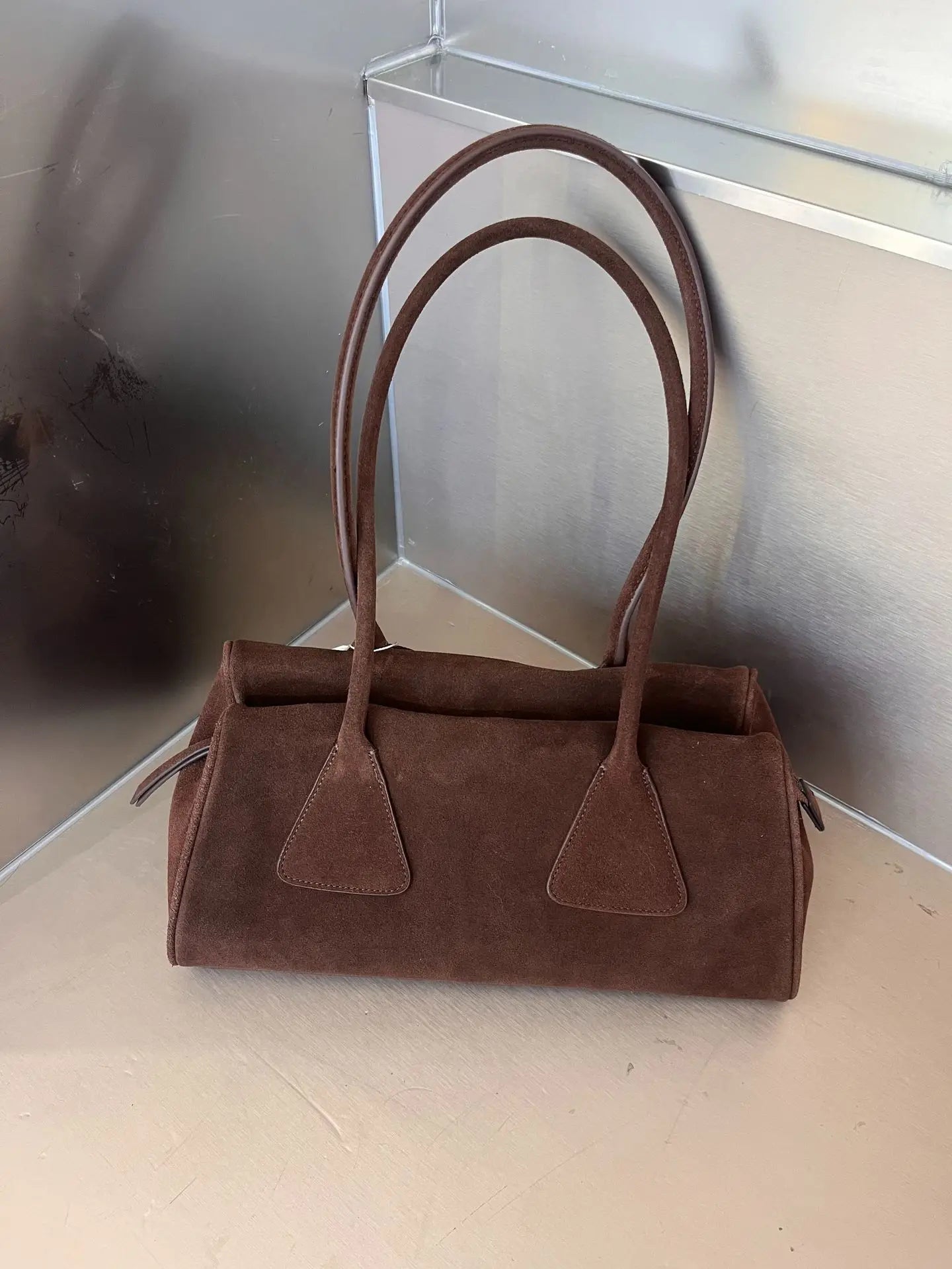 High-grade genuine leather (suede and full grain)  triangular leather handbag   320x150x170mm